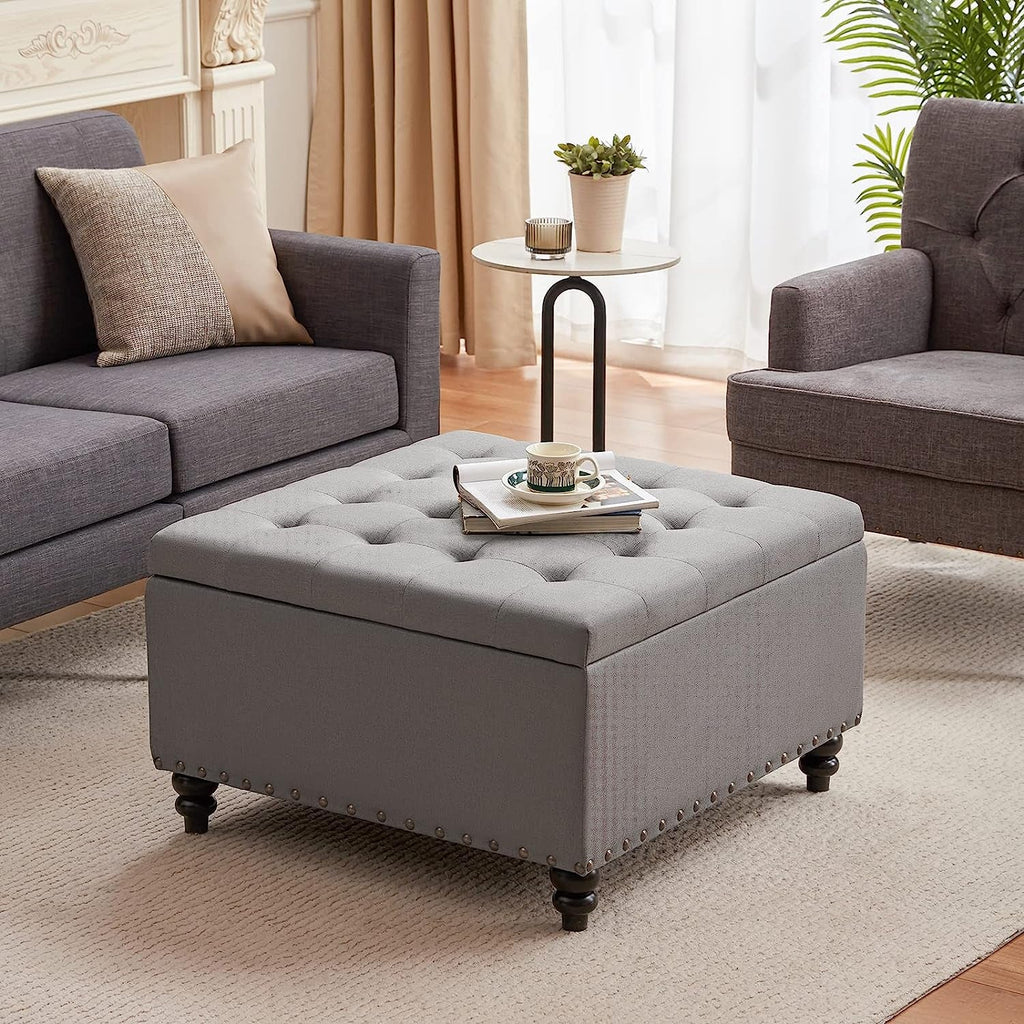 The Horizon Grey Tufted Ottoman with Storage for Living Room