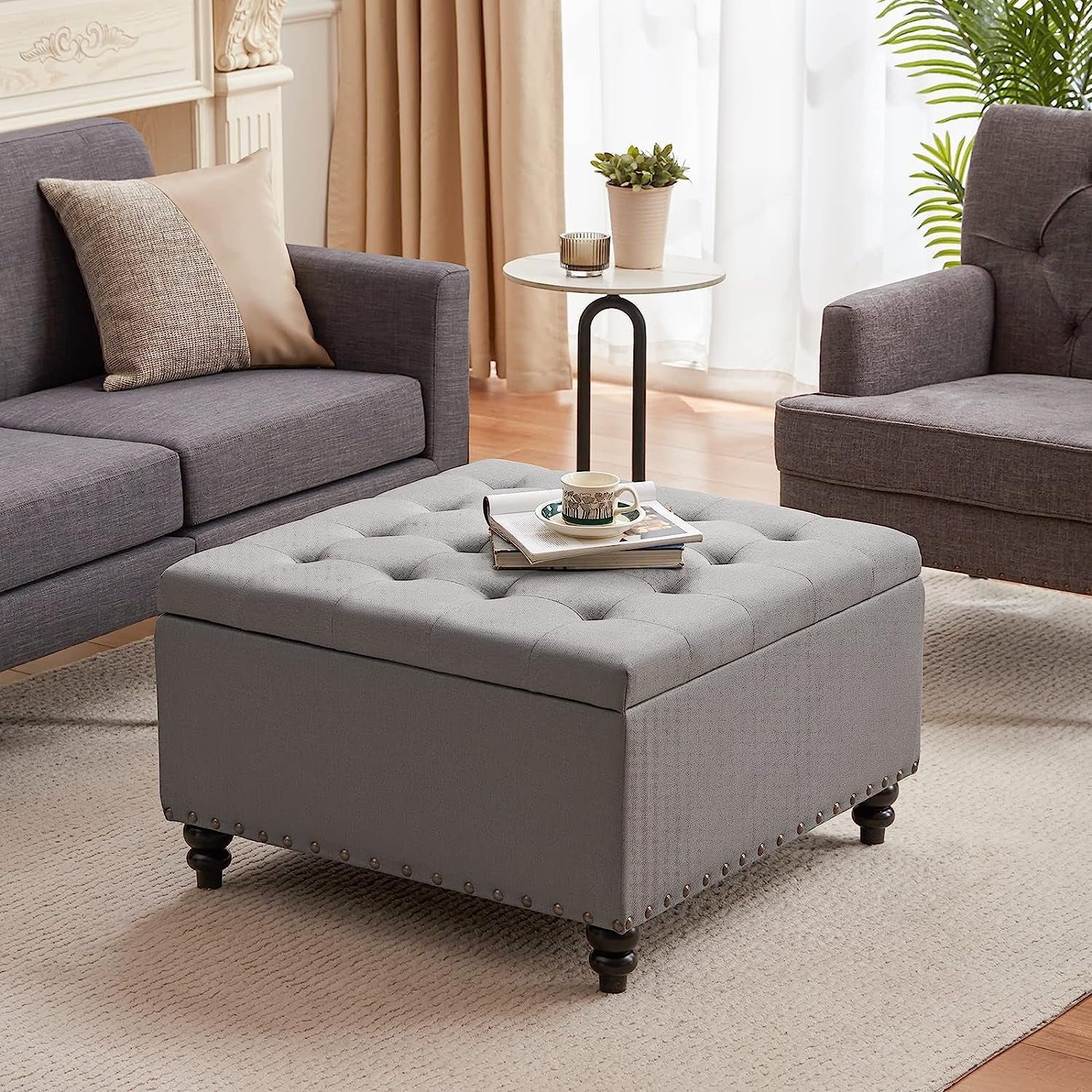 The Horizon Grey Tufted Ottoman with Storage for Living Room