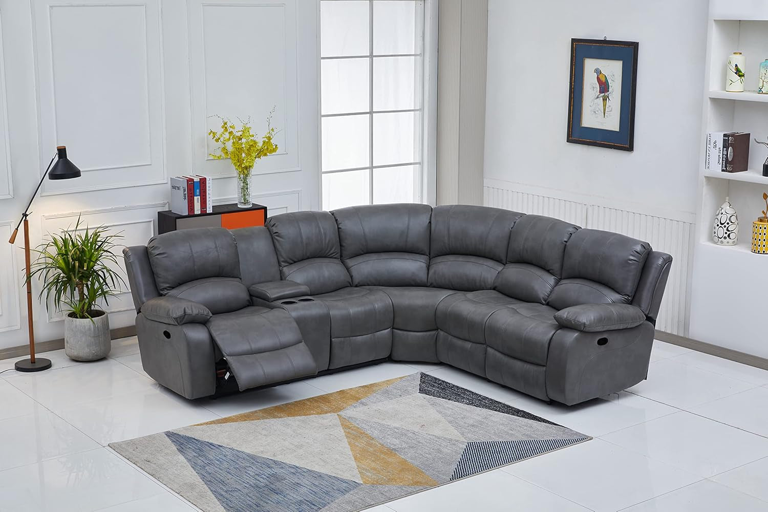 Chateau Royale Grey Bonded Leather Sectional Sofa 3 Recliners