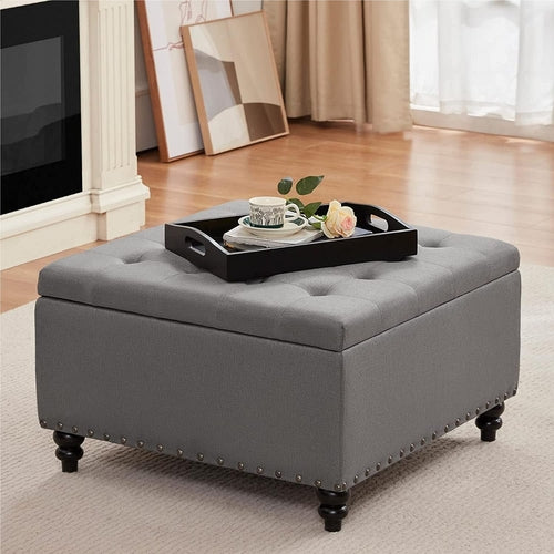 The Valentina Grey Tufted Ottoman with Storage and Tray