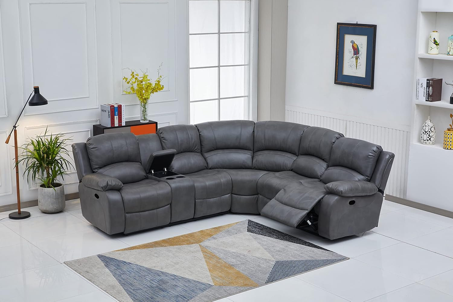 Chateau Royale Grey Bonded Leather Sectional Sofa 3 Recliners