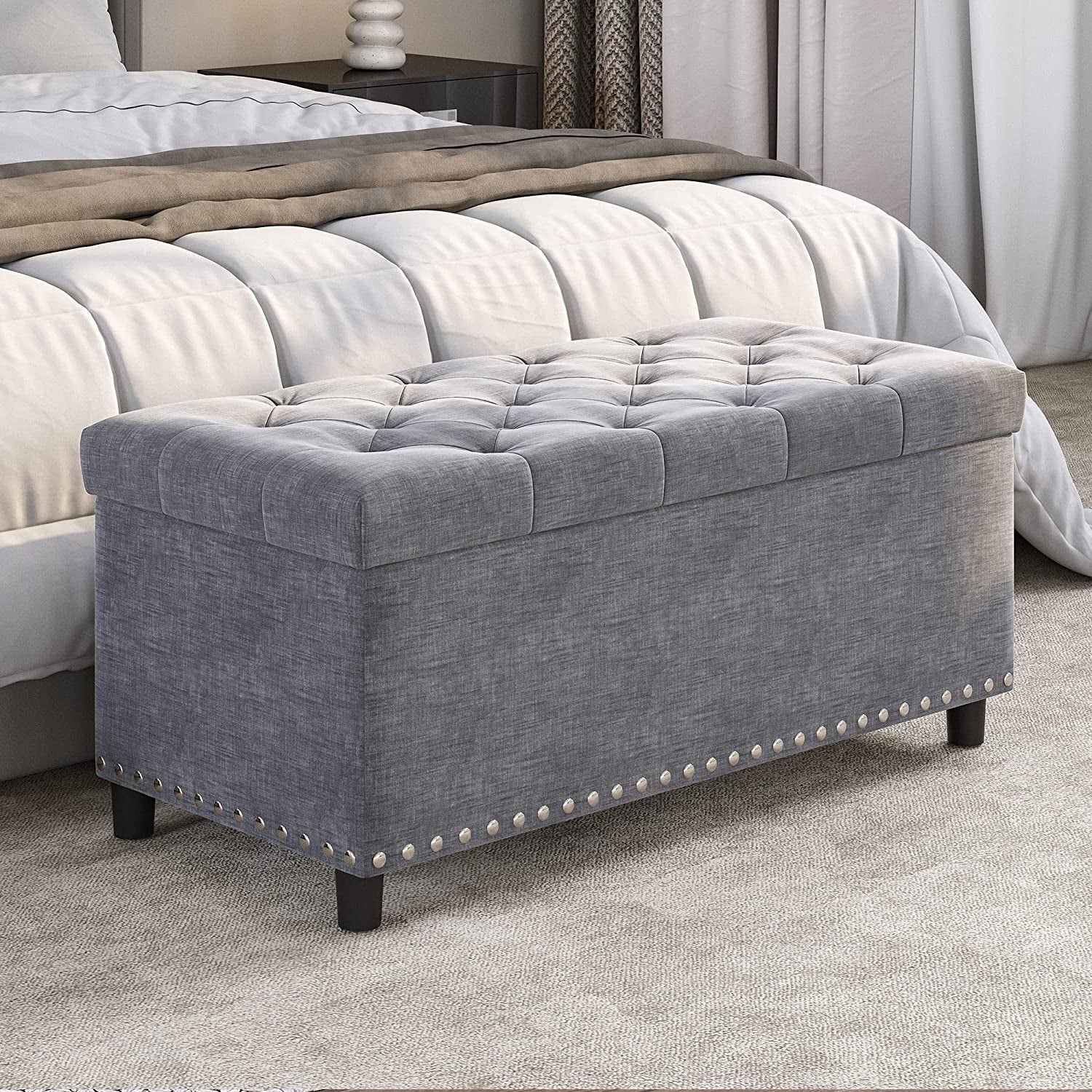 The Horizon Button-Tufted Ottoman with Storage - Grey