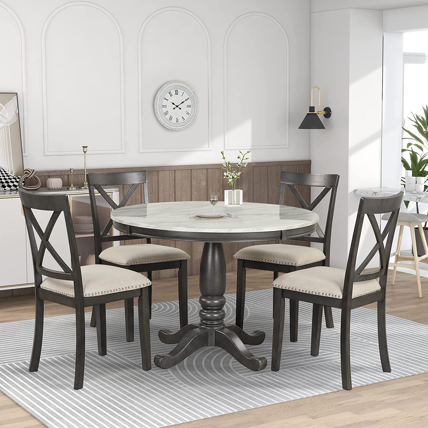 The Valentina Wood 5-Piece round Dining Table Set with Cushioned Chairs