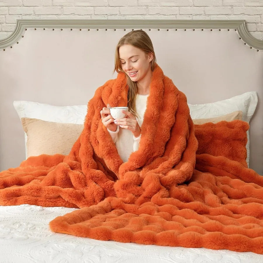 Faux Fur Throw Bubble Plush Blanket Queen Size