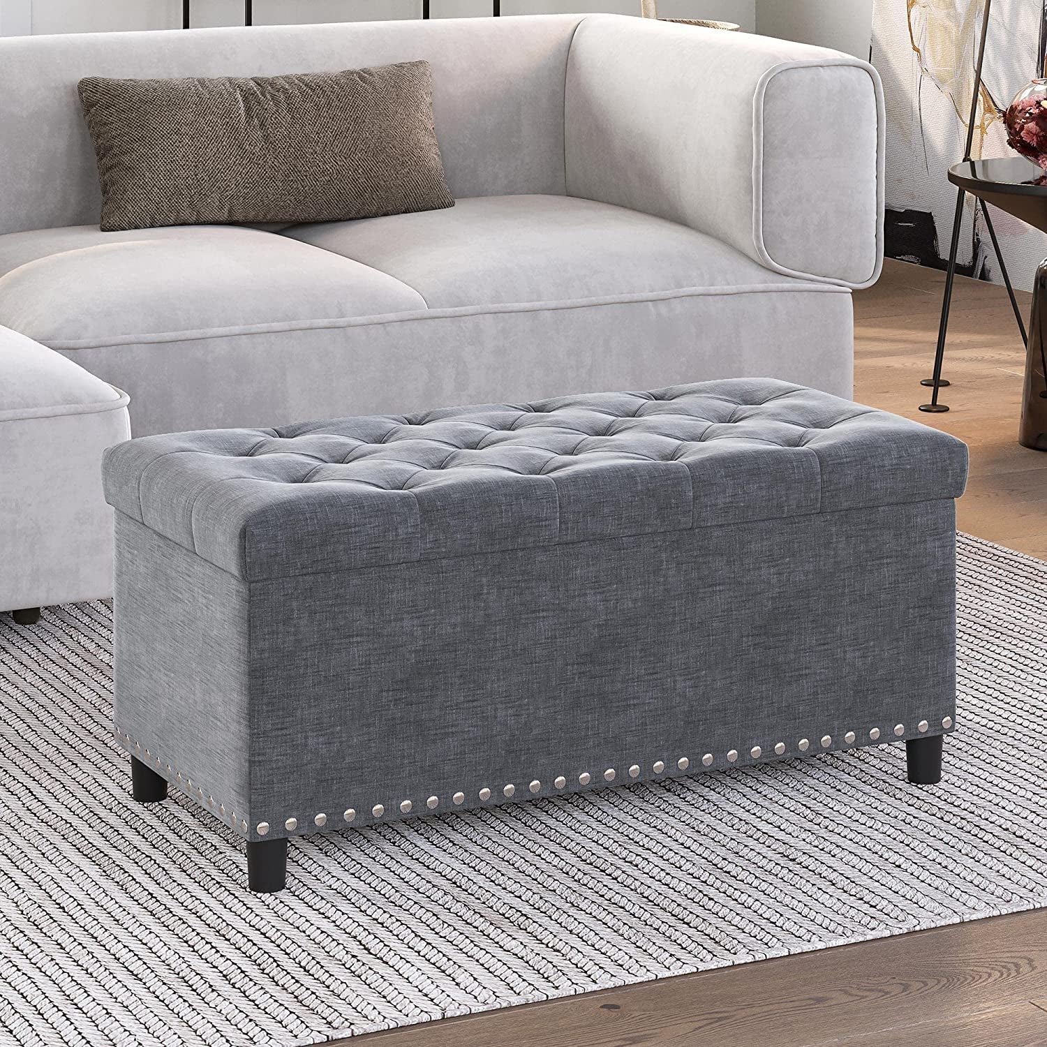 The Horizon Button-Tufted Ottoman with Storage - Grey