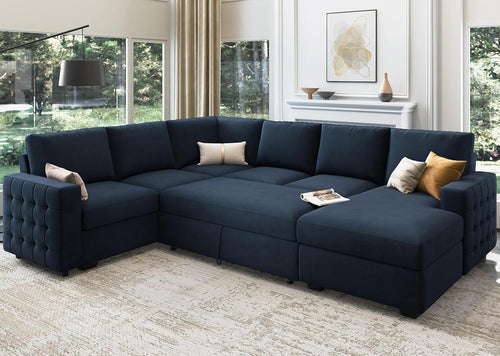 The Sovereign Dark Blue U-Sectional Sleeper Sofa With Pull-Out Bed