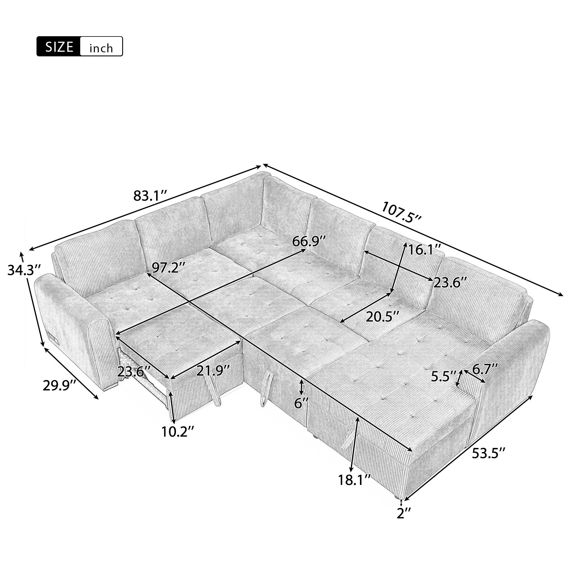 The Valentina U-Shaped Sectional Sofa Pull-out bed with Storage