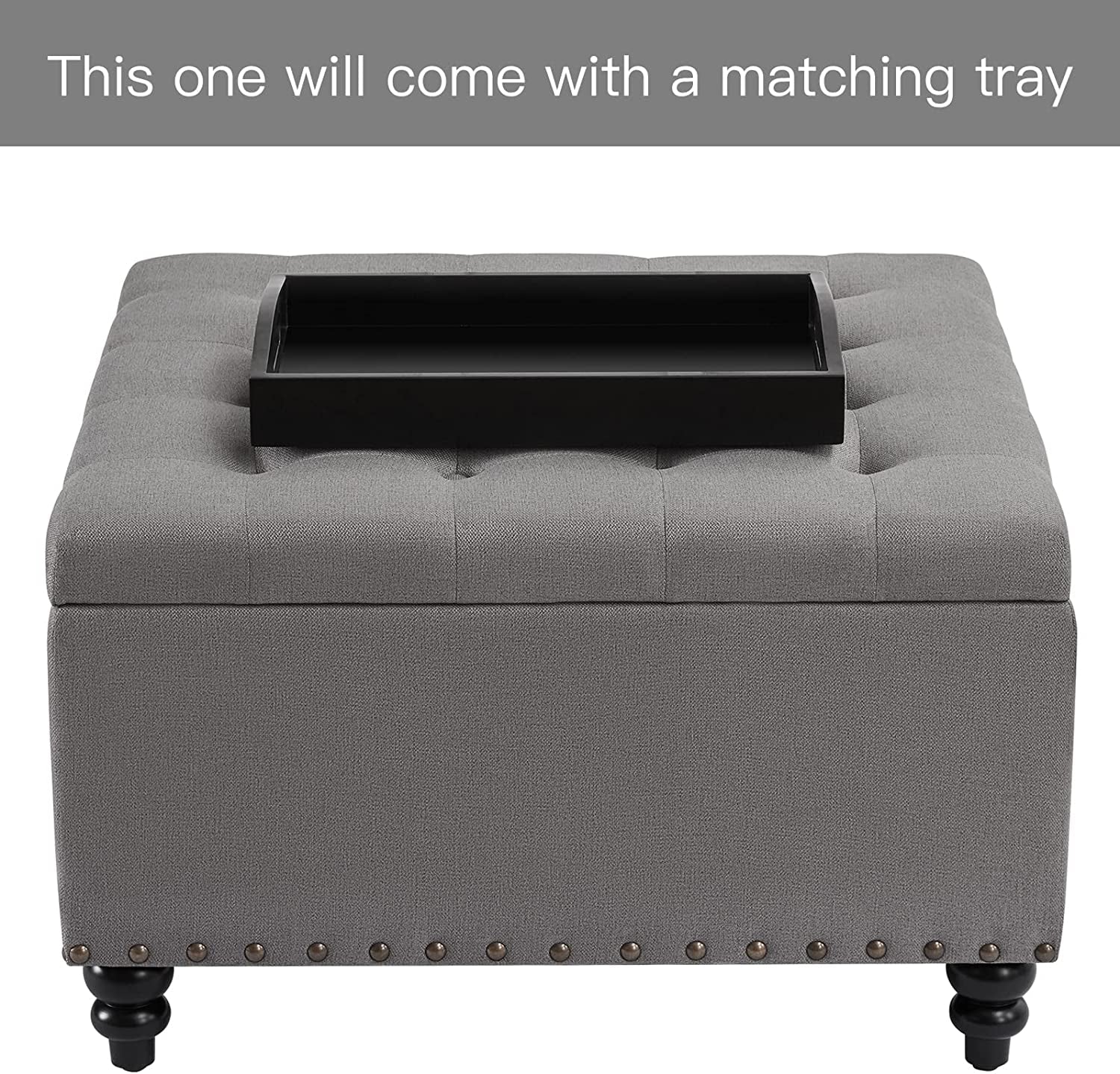 The Valentina Grey Tufted Ottoman with Storage and Tray