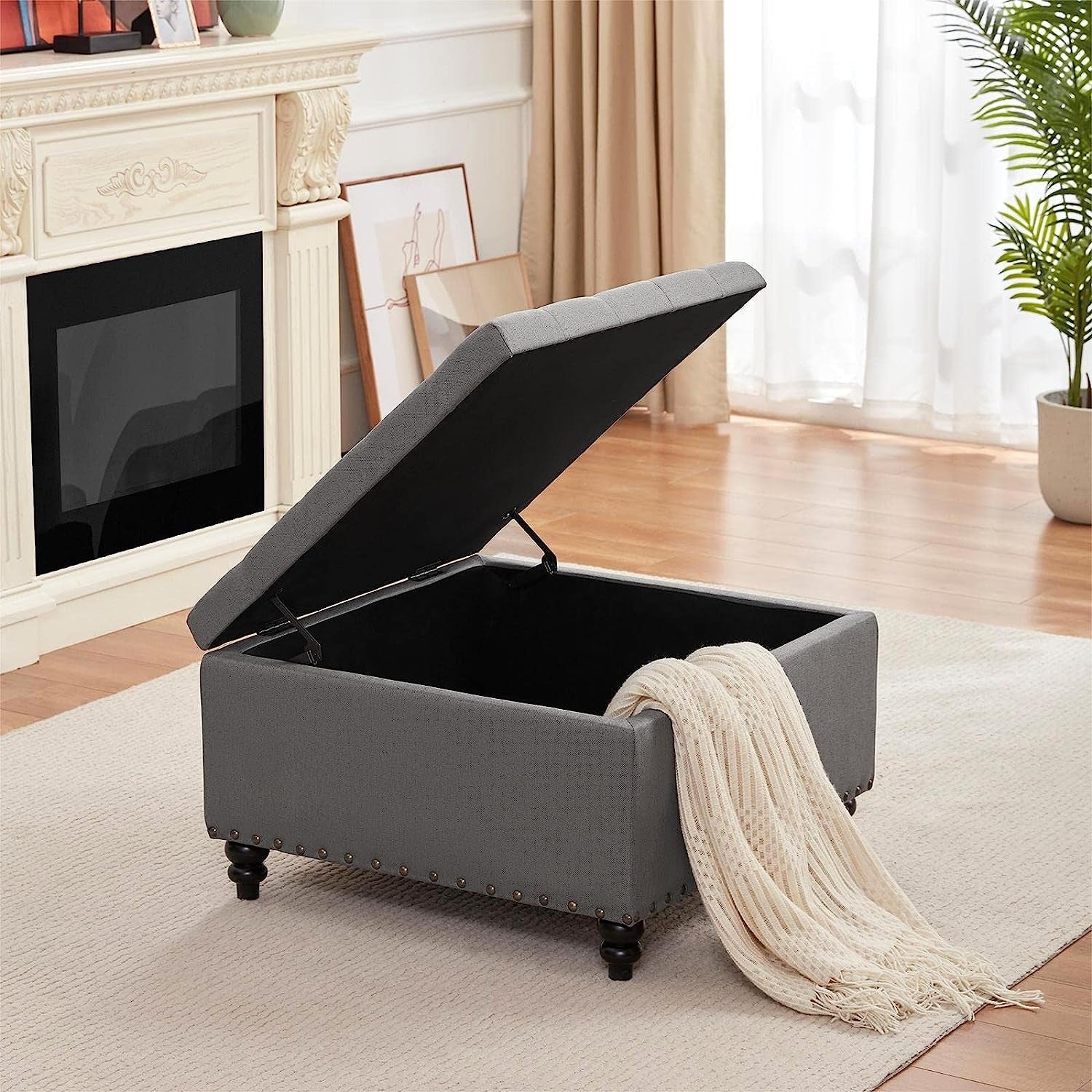 The Horizon Grey Tufted Ottoman with Storage for Living Room