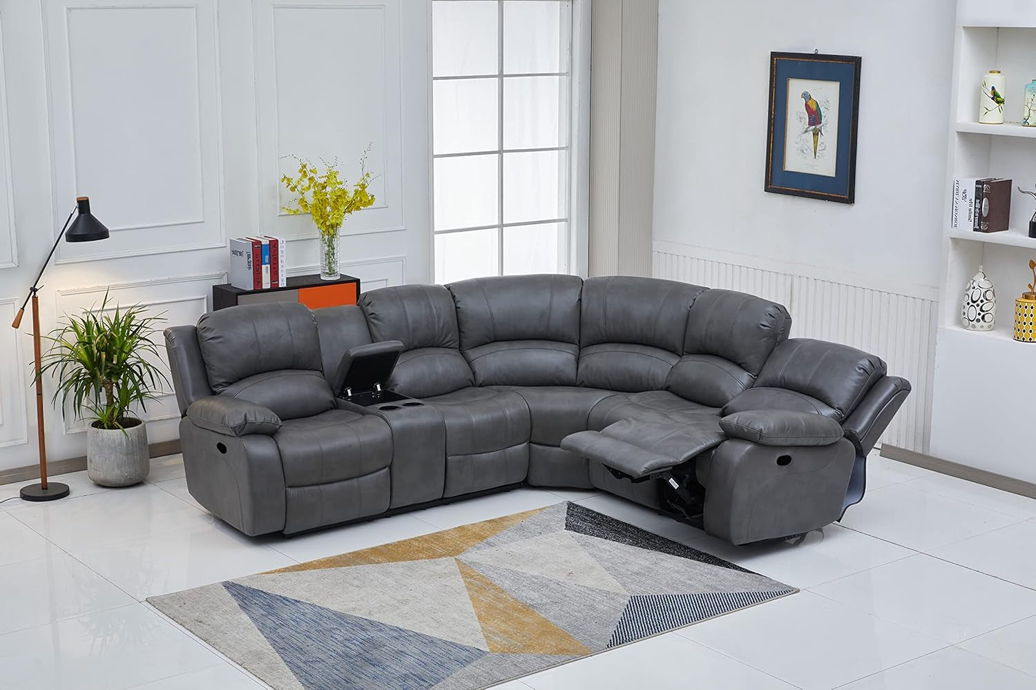 Chateau Royale Grey Bonded Leather Sectional Sofa 3 Recliners