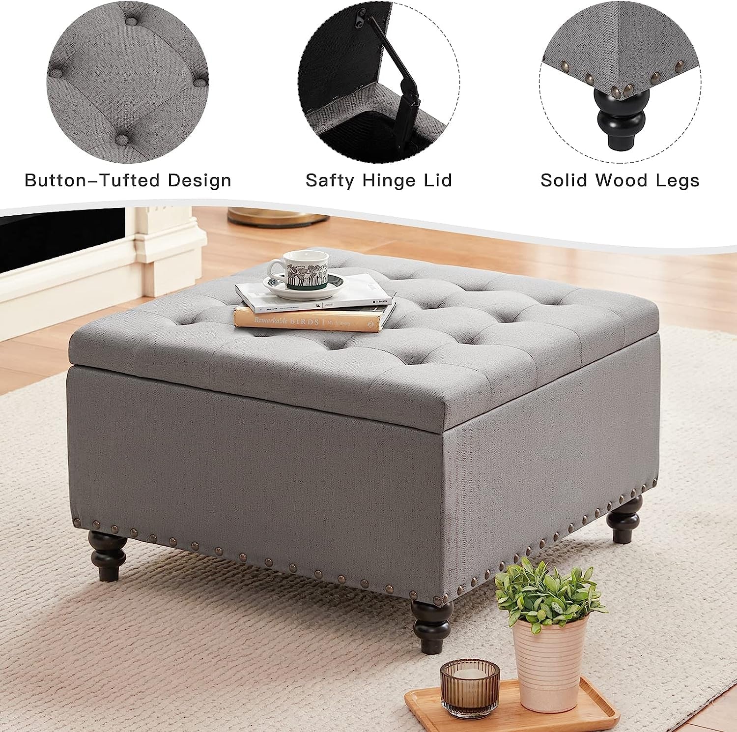 The Horizon Grey Tufted Ottoman with Storage for Living Room