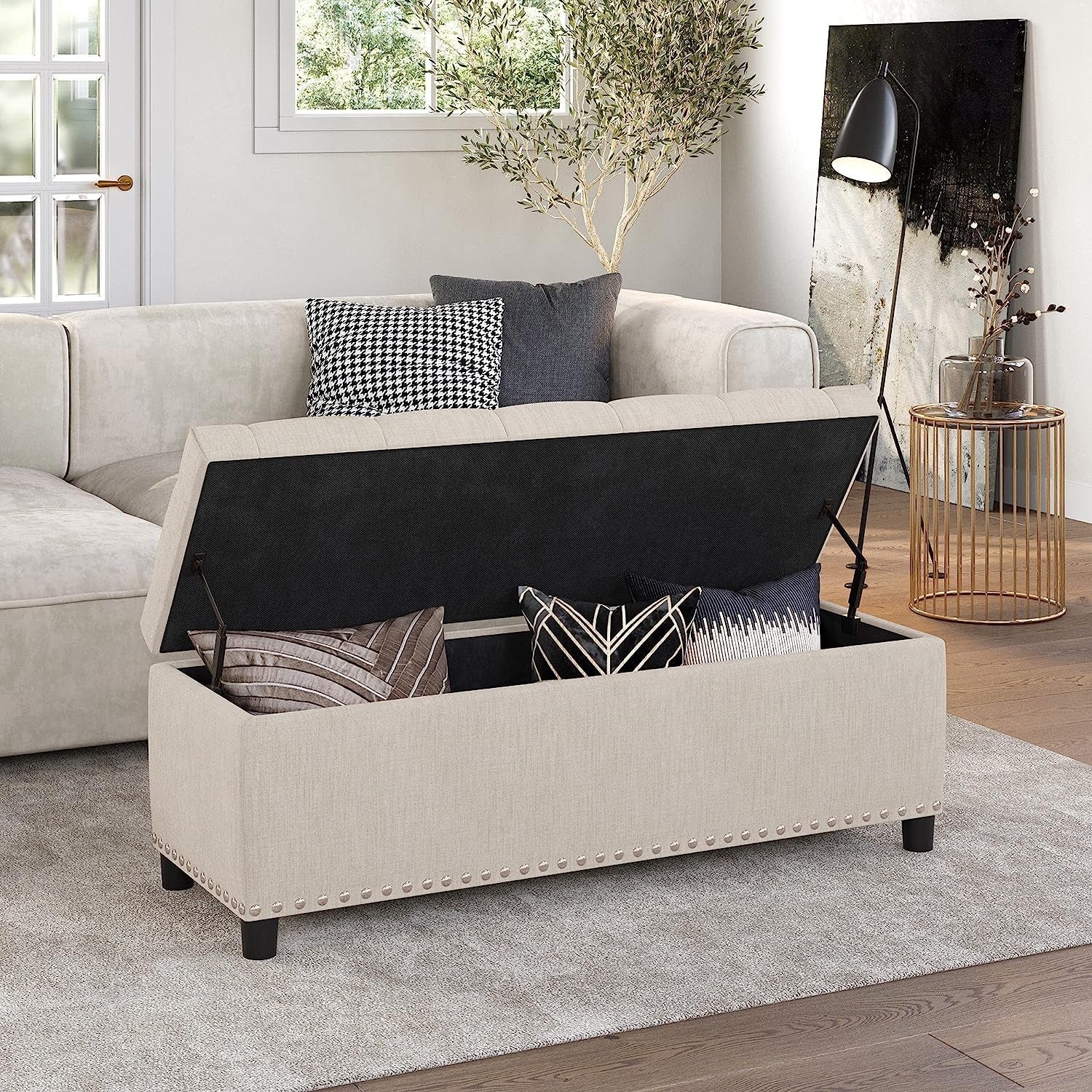 The Stella Button-Tufted Ottoman with Storage Beige