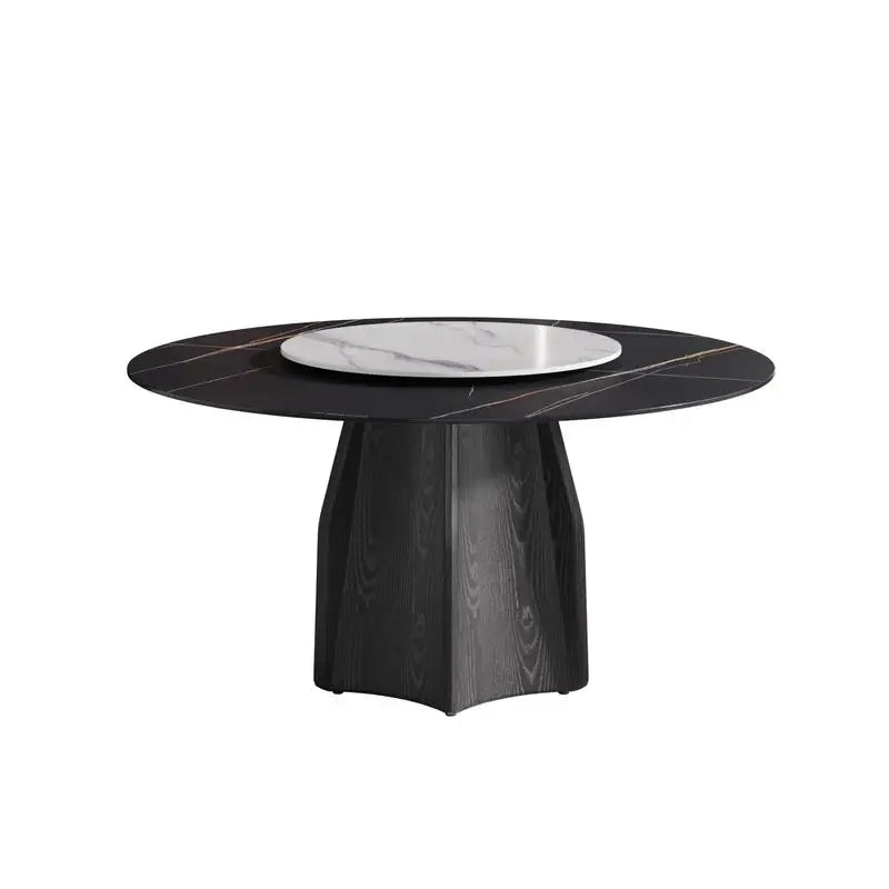 The Songbird Round Marble Dining Table with Black Textured Wood Base