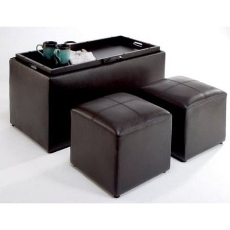 The Emperor Faux Leather Storage Bench Coffee Table with 2 Side Ottomans