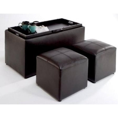 The Emperor Faux Leather Storage Bench Coffee Table with 2 Side Ottomans