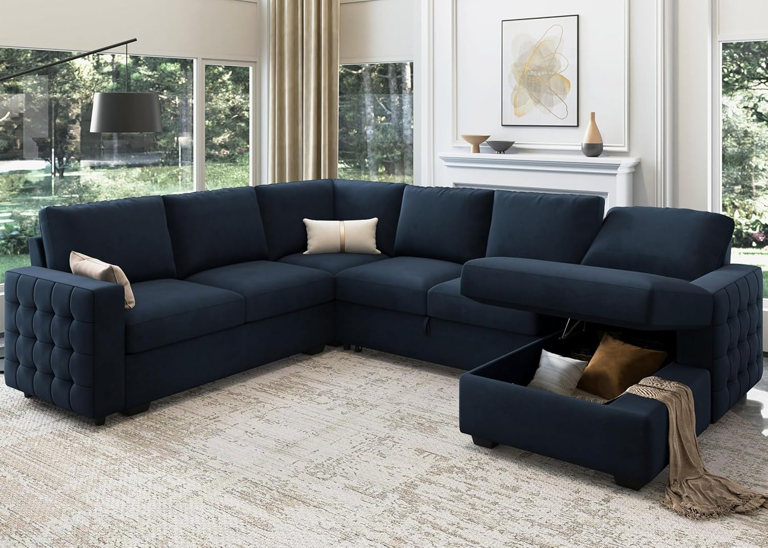 The Sovereign Dark Blue U-Sectional Sleeper Sofa With Pull-Out Bed