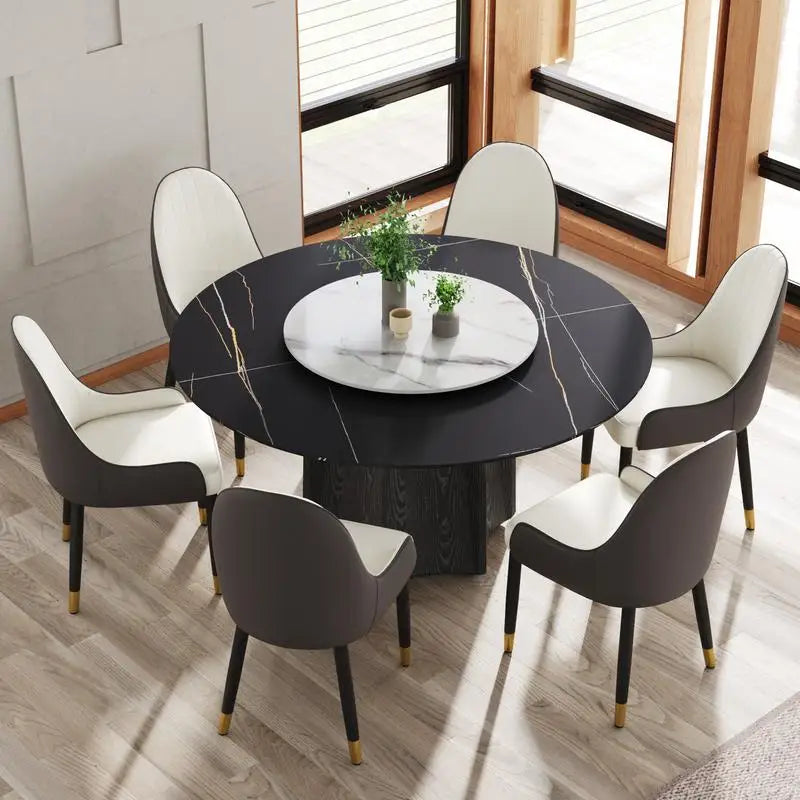 The Songbird Round Marble Dining Table with Black Textured Wood Base