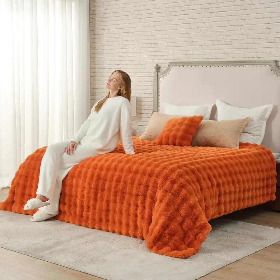 Faux Fur Throw Bubble Plush Blanket Queen Size