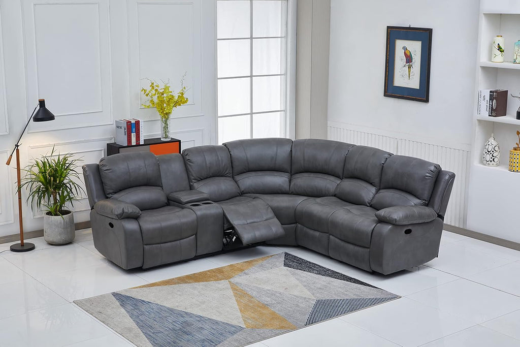 Chateau Royale Grey Bonded Leather Sectional Sofa 3 Recliners