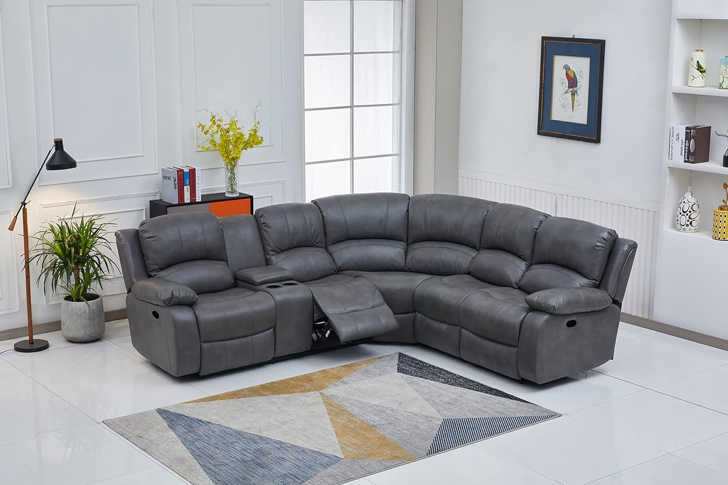 Chateau Royale Grey Bonded Leather Sectional Sofa 3 Recliners