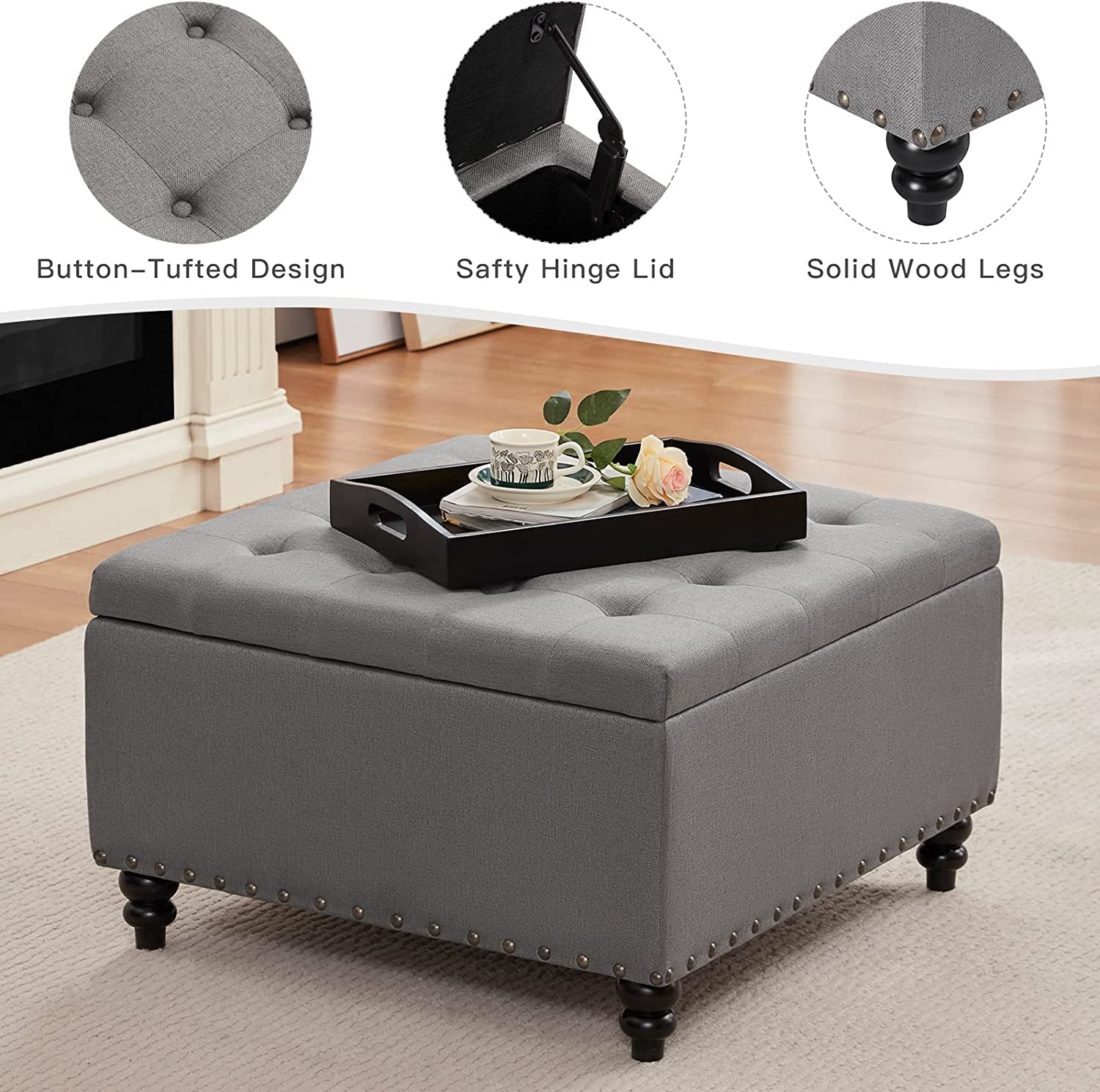 The Valentina Grey Tufted Ottoman with Storage and Tray