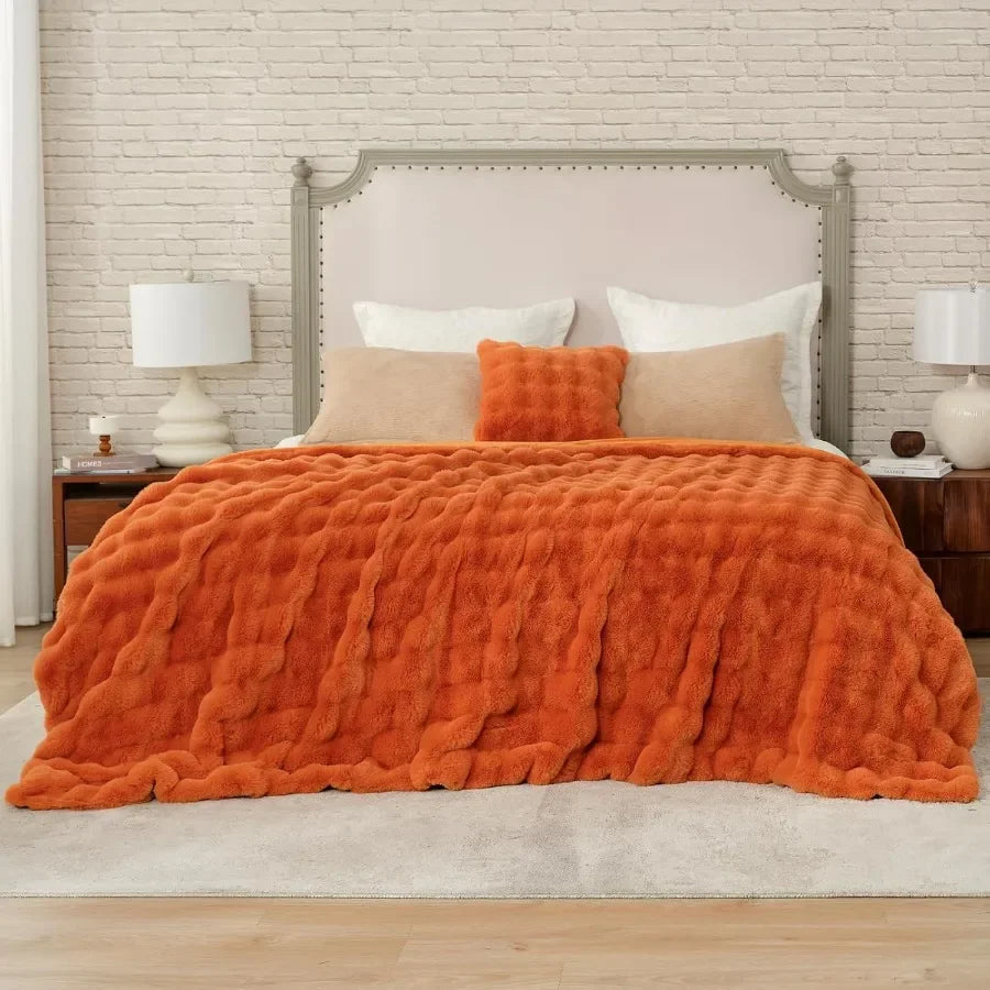 Faux Fur Throw Bubble Plush Blanket Queen Size