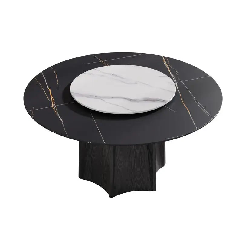 The Songbird Round Marble Dining Table with Black Textured Wood Base